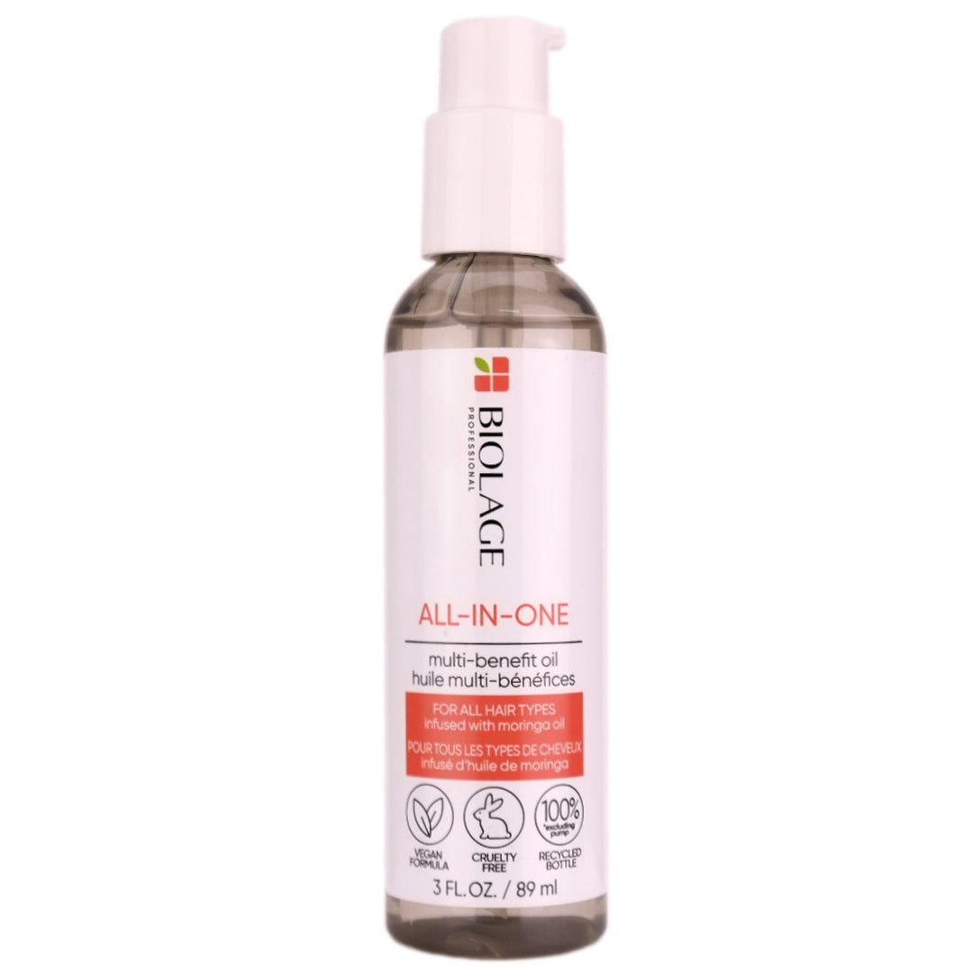 Biolage All In One Multi-Benefit Oil is a weightless styling oil thet helps to nourish detangle, and tame frizz for all hair types.