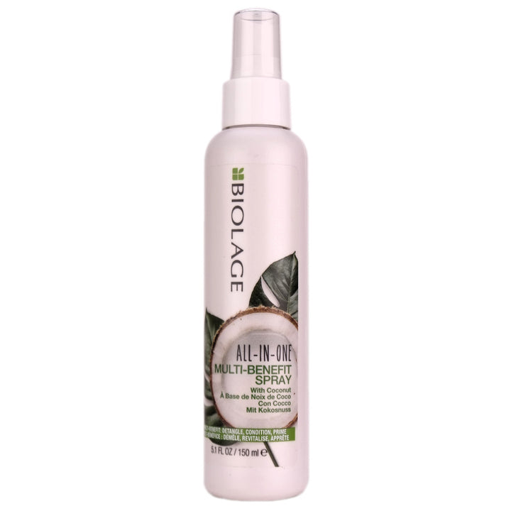 Biolage All In One Multi-Benefit Spray leave-in spray infused with coconut oil to provide for lightweight hydration, smoothness, shine, and frizz control.