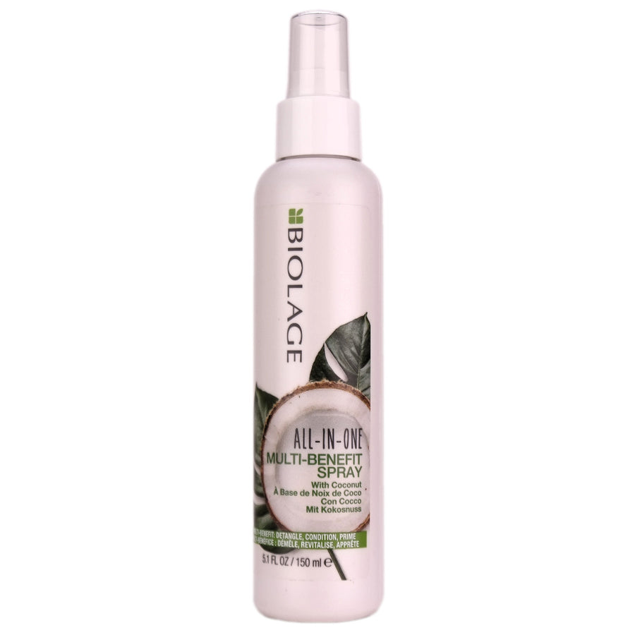 Biolage All In One Multi-Benefit Spray leave-in spray infused with coconut oil to provide for lightweight hydration, smoothness, shine, and frizz control.