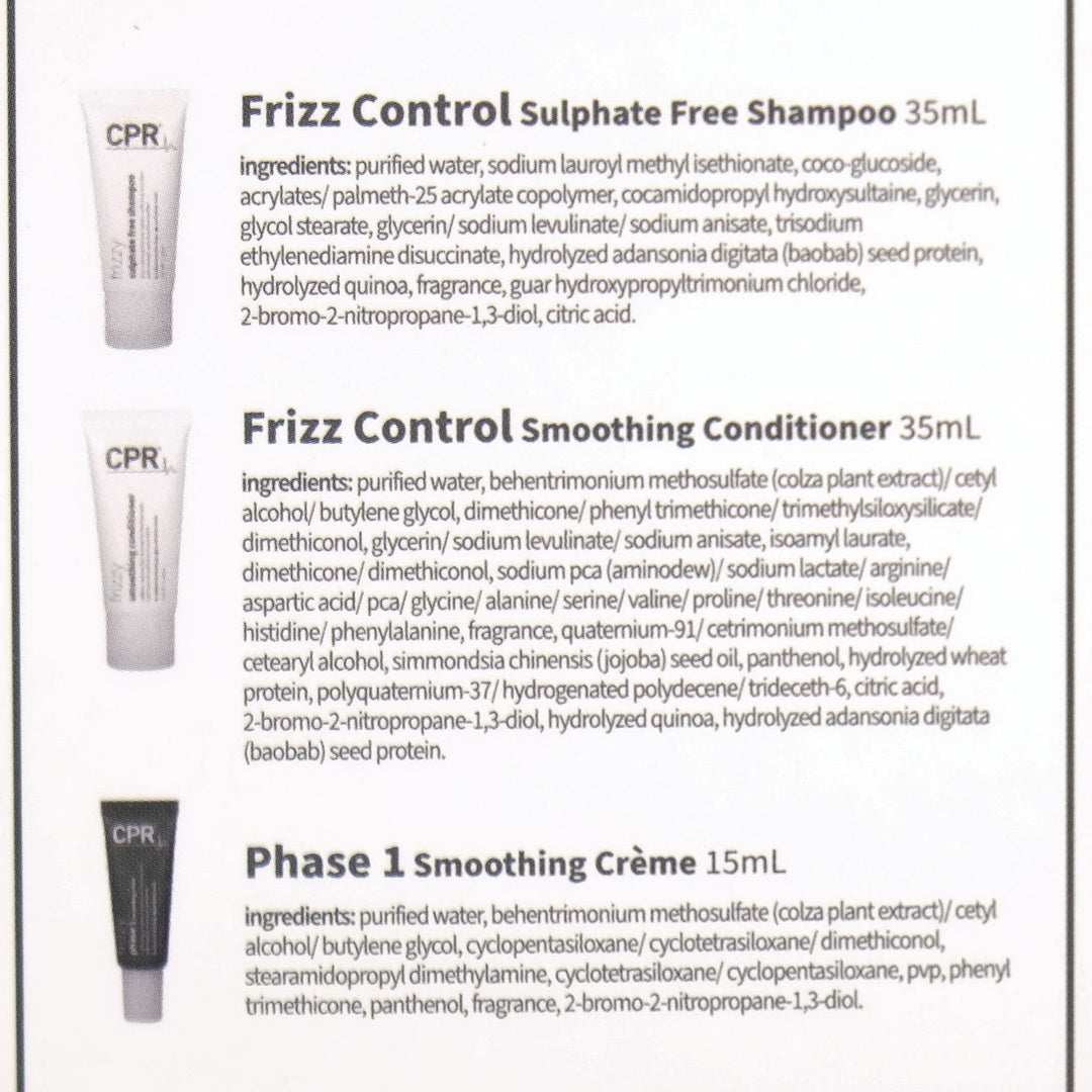 CPR Frizzy Trio Travel Size Pack is the perfect combo haircare to strengthen, condition and bind moisture within the cortex for smoother soft-to-touch hair that repels humidity, for lasting frizz control.