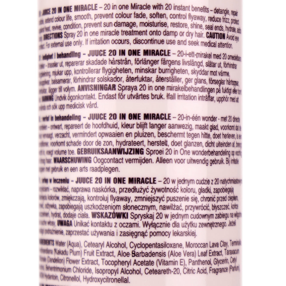 Juuce 20 IN ONE Miracle is an all-in-one leave in treament with 20 instant benefits to de-frizz, repair and moisturise the hair.