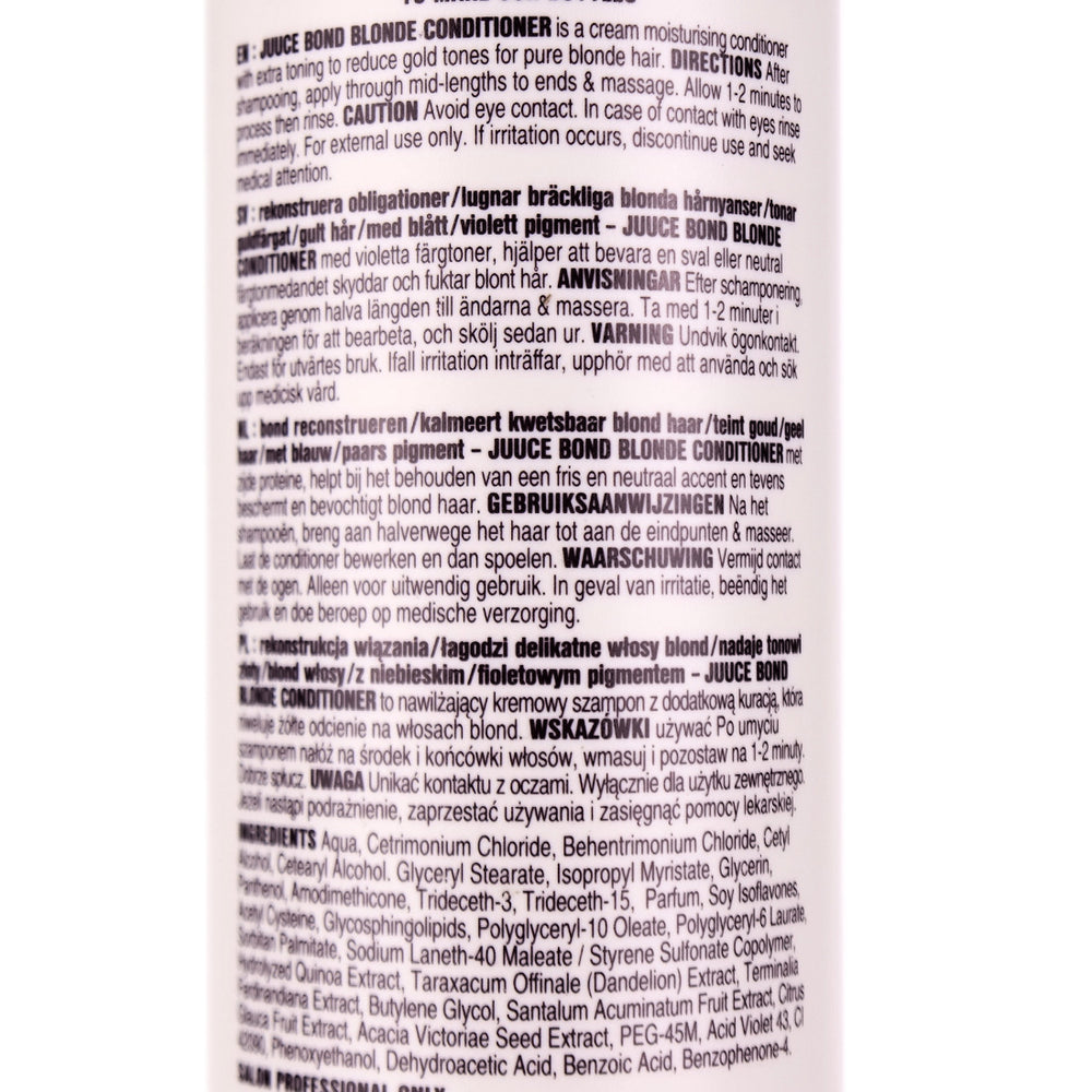 Juuce Bond Blonde Conditioner is a cream moisturising conditioner with extra toning to reduce gold tones for pure blonde hair.