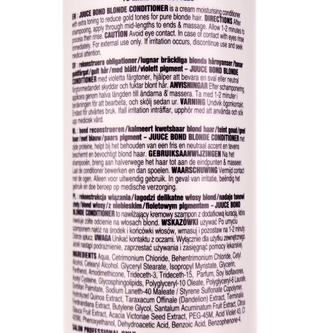 Juuce Bond Blonde Conditioner is a cream moisturising conditioner with extra toning to reduce gold tones for pure blonde hair.