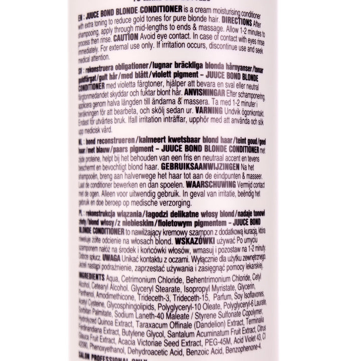 Juuce Bond Blonde Conditioner is a cream moisturising conditioner with extra toning to reduce gold tones for pure blonde hair.