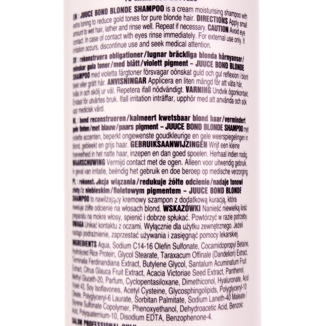 Juuce Bond Blonde Shampoo is a cream moisturising shampoo with extra toning to reduce gold tones for pure blonde hair.