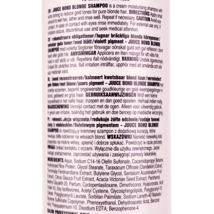 Juuce Bond Blonde Shampoo is a cream moisturising shampoo with extra toning to reduce gold tones for pure blonde hair.