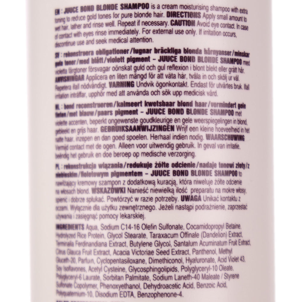 <strong>Juuce Bond Blonde Shampoo</strong> is a cream moisturising shampoo with extra toning to reduce gold tones for pure blonde hair.