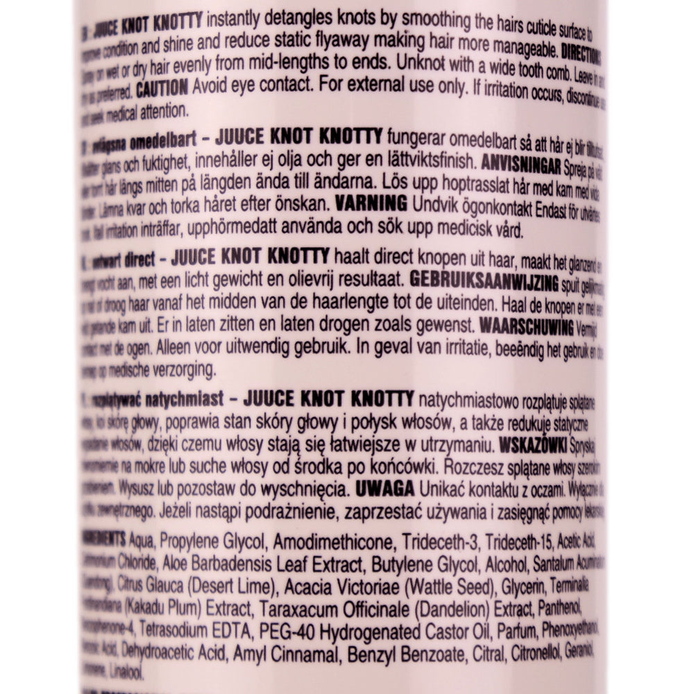 Juuce Knot Knotty Detangler Spray 200ml instantly detangles knots by smoothing the hairs cuticle surface to improve condition and shine and reduce static flyaway