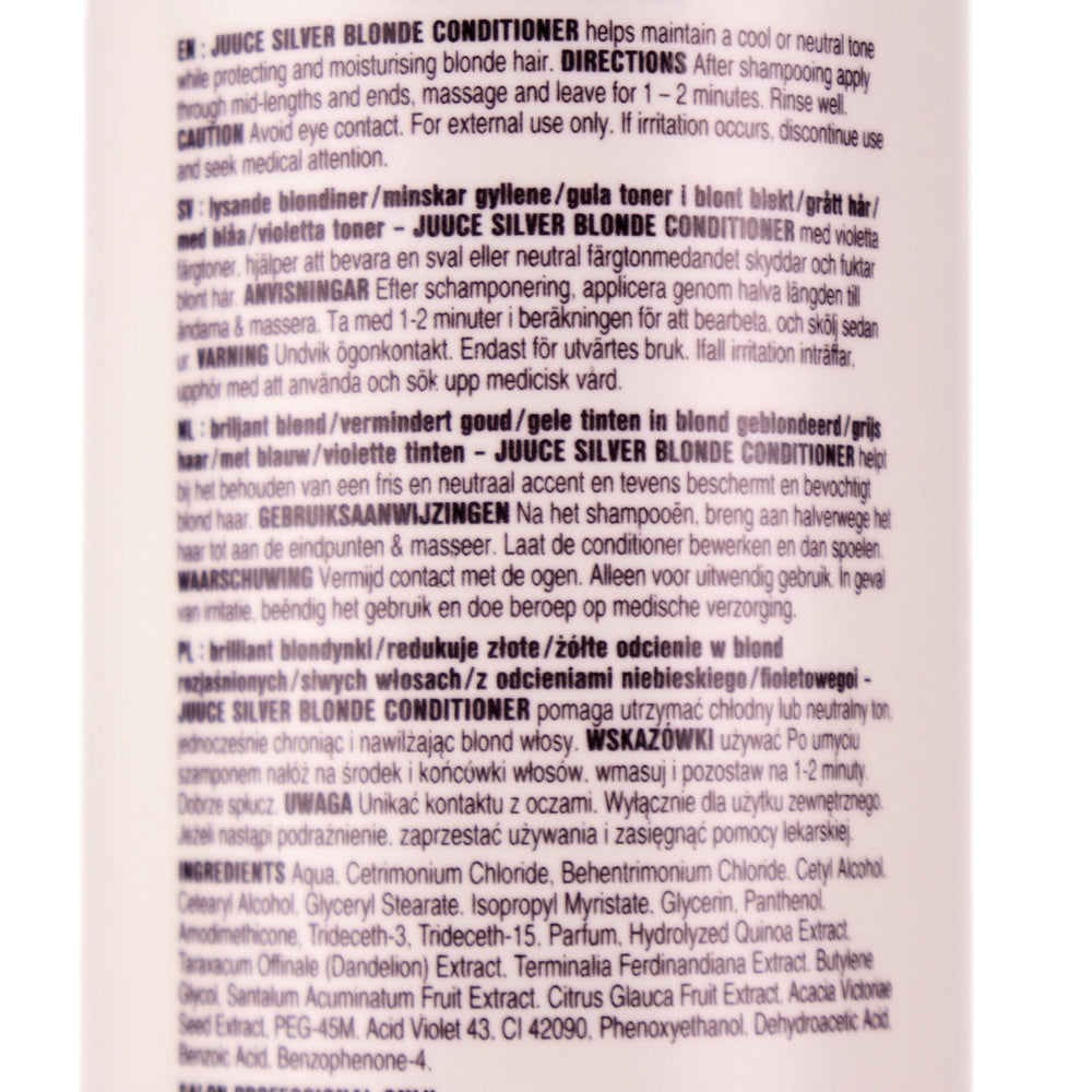 Juuce Silver Blonde Conditioner in a larger 1 Litre Bottle helps maintain a cool or neutral tone while protecting and moisturising blonde hair.