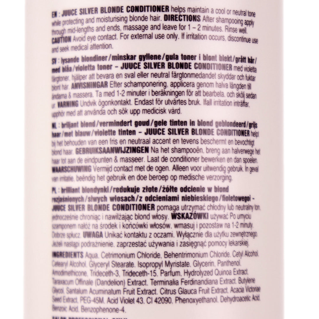 Juuce Silver Blonde Conditioner in a larger 1 Litre Bottle helps maintain a cool or neutral tone while protecting and moisturising blonde hair.