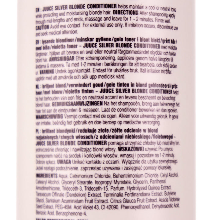 Juuce Silver Blonde Conditioner in a larger 1 Litre Bottle helps maintain a cool or neutral tone while protecting and moisturising blonde hair.