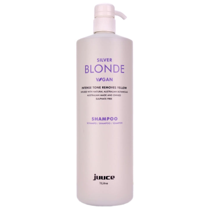 Juuce Silver Blonde Shampoo in a larger 1 Litre bottle Dramatically reduces gold and yellow tones in all blonde, bleached, grey and highlighted hair.