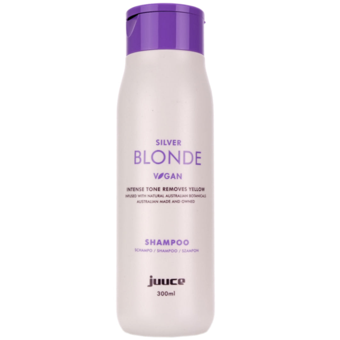 <strong>Juuce Silver Blonde Shampoo</strong> has intense violet tones to dramatically reduce gold and yellow tones in all blonde, bleached, grey and highlighted hair. 