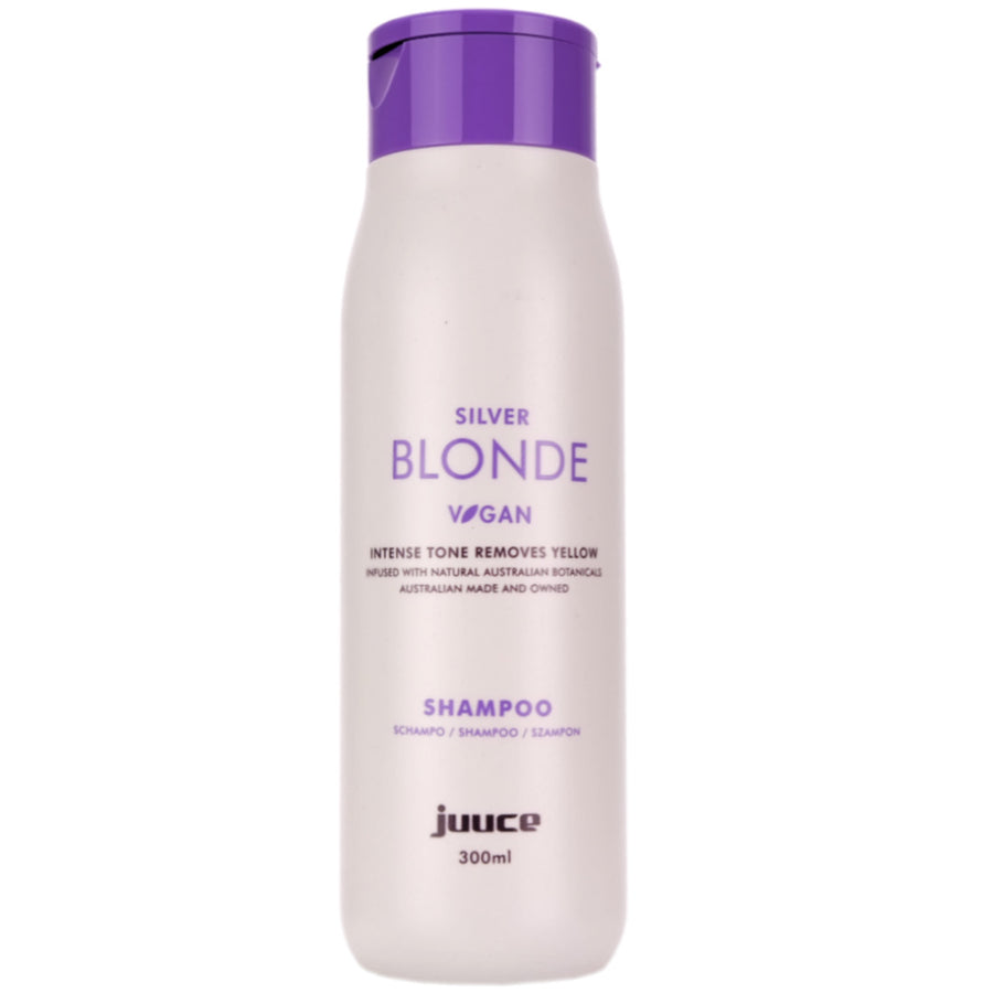 <strong>Juuce Silver Blonde Shampoo</strong> has intense violet tones to dramatically reduce gold and yellow tones in all blonde, bleached, grey and highlighted hair. 