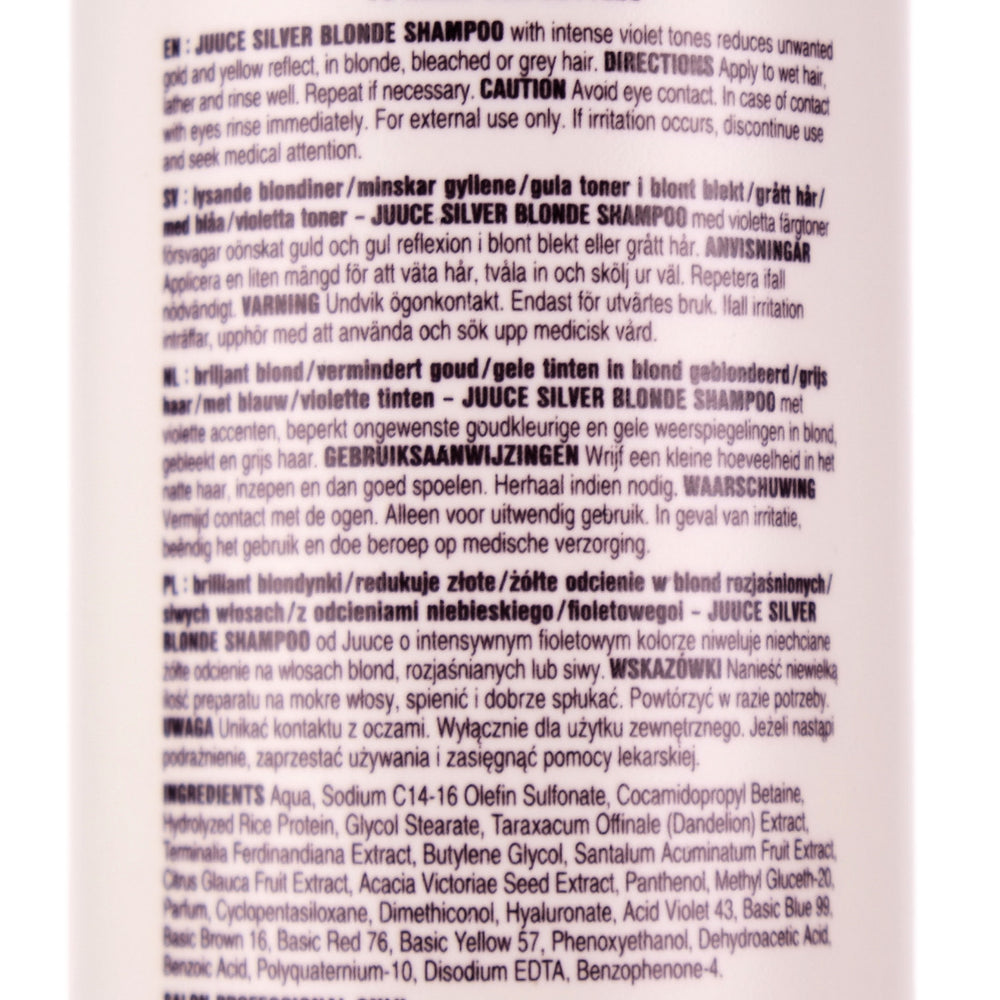 <strong>Juuce Silver Blonde Shampoo</strong> has intense violet tones to dramatically reduce gold and yellow tones in all blonde, bleached, grey and highlighted hair. 