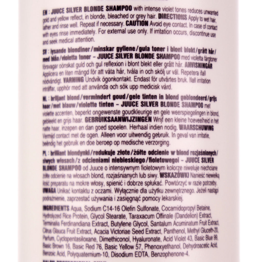 <strong>Juuce Silver Blonde Shampoo</strong> has intense violet tones to dramatically reduce gold and yellow tones in all blonde, bleached, grey and highlighted hair. 