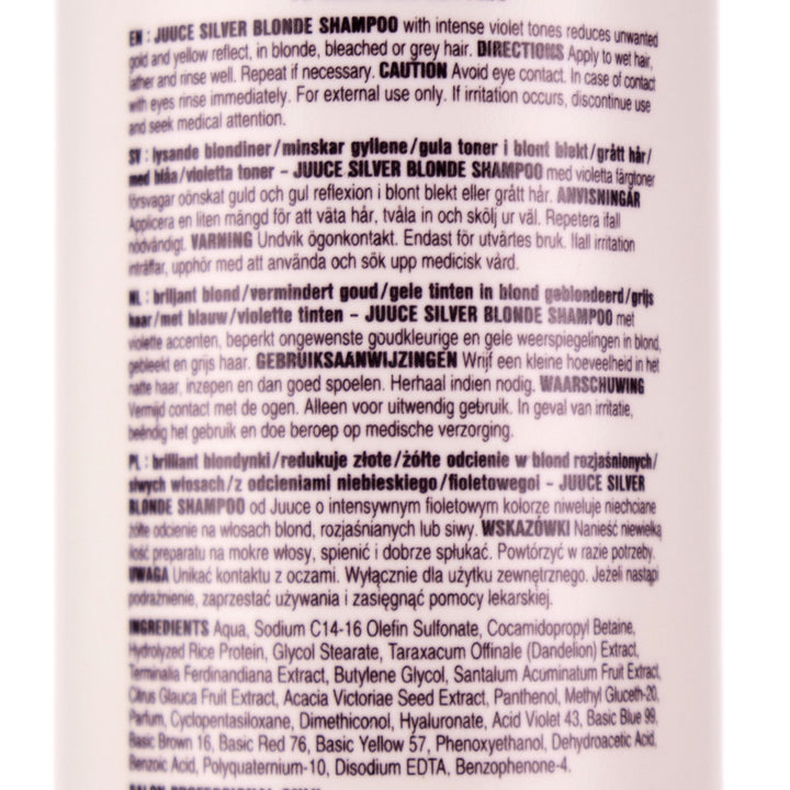 <strong>Juuce Silver Blonde Shampoo</strong> has intense violet tones to dramatically reduce gold and yellow tones in all blonde, bleached, grey and highlighted hair. 