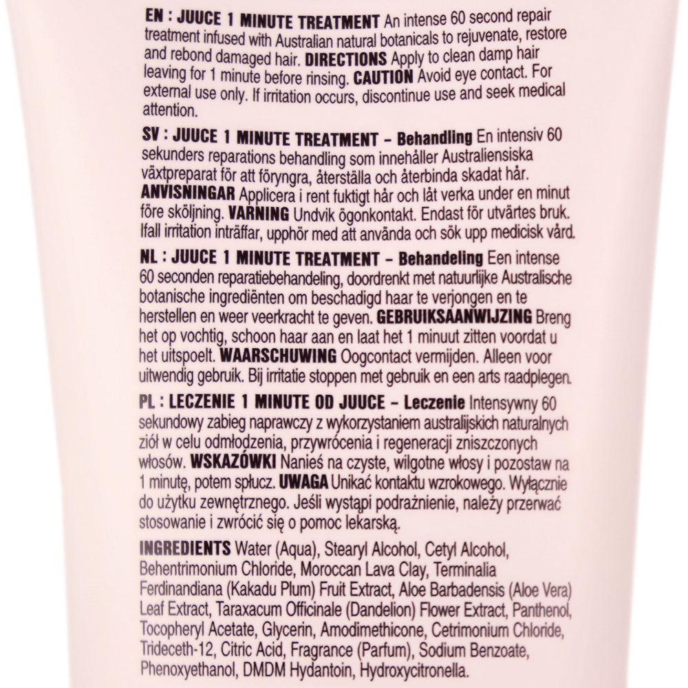 Juuce 1 Minute Treatment is an intense 60 second repair treatment to restore, rebond and rejuvenate damaged hair.
