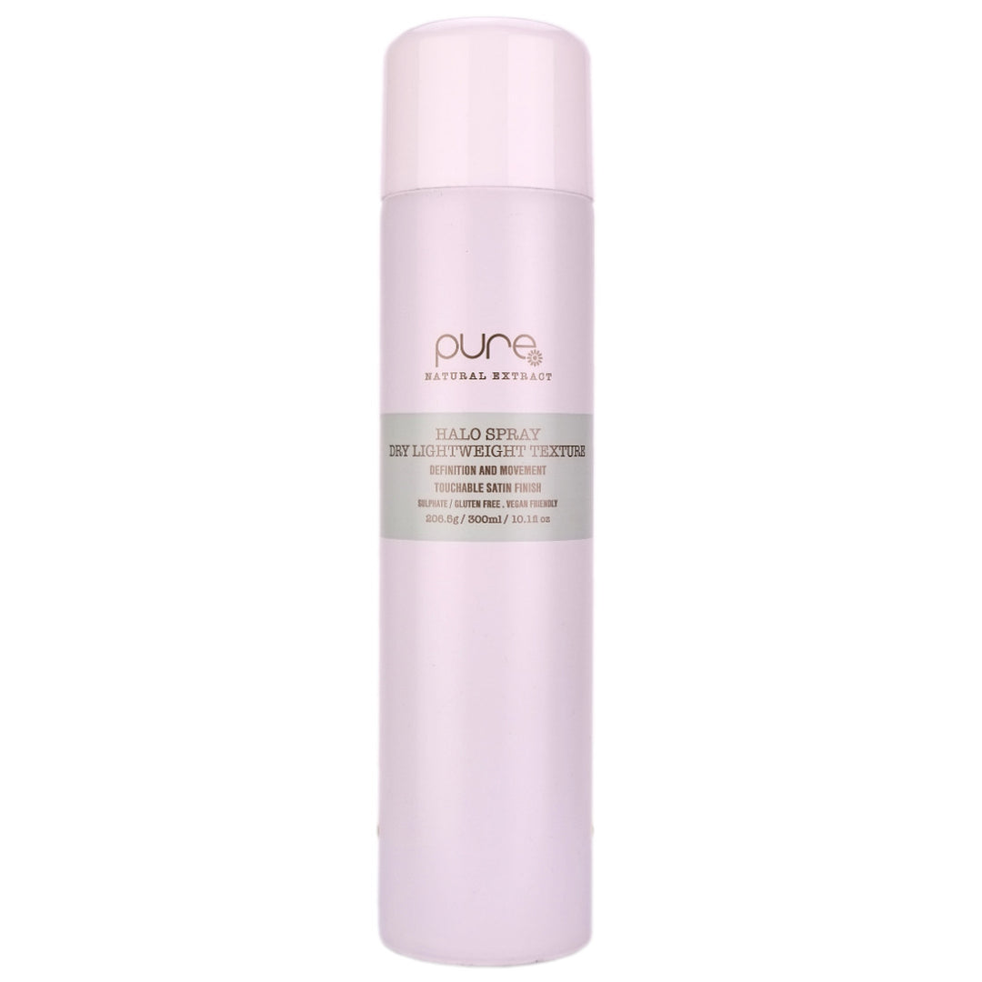 Pure Halo Spray is a dry lightweight, non-greasy texture spray perfect for styling hair that delivers texture, definition and movement.
