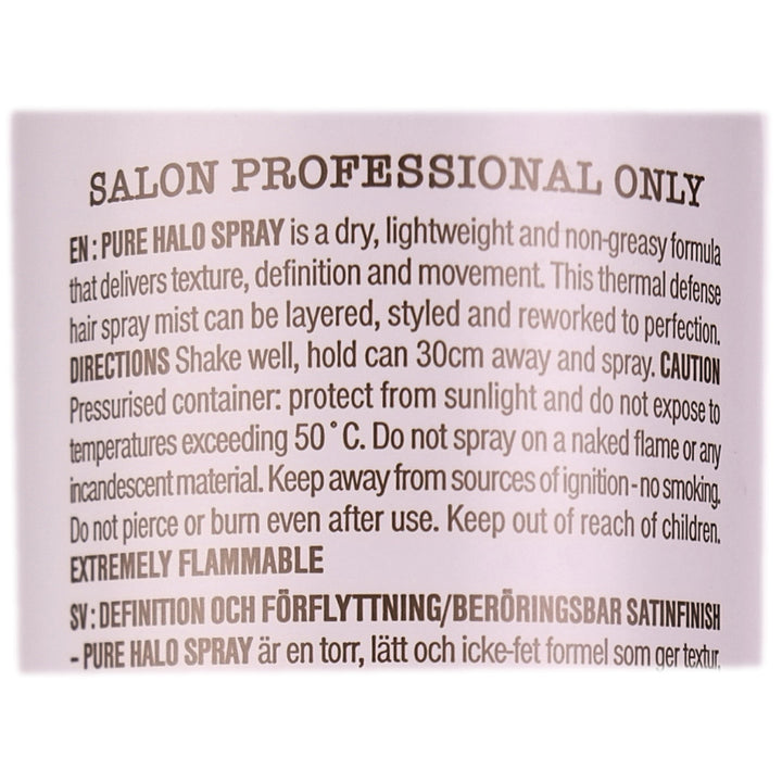 Pure Halo Spray is a dry lightweight, non-greasy texture spray perfect for styling hair that delivers texture, definition and movement.