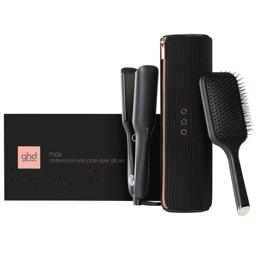 Grab this limited edition ghd max wide plate gift set, featuring ghd's legionary wide plate professional hair styler, paddle brush and heat-resistant bag.