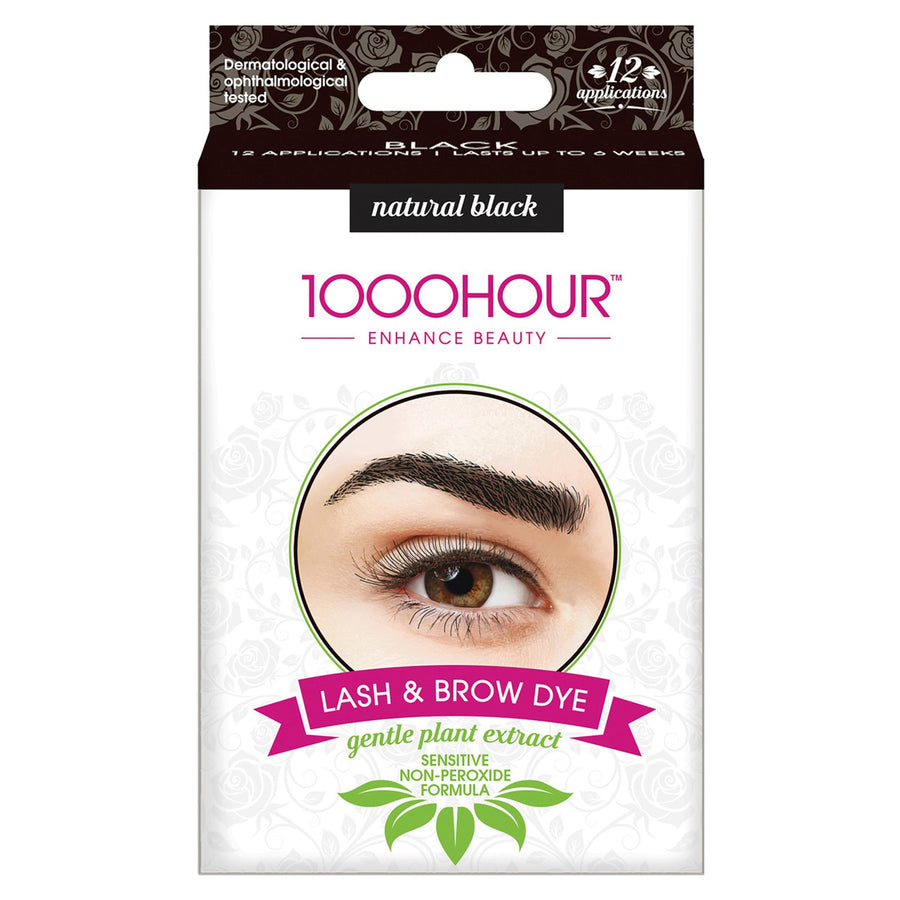 1000 Hour Lash & Brow Dye Kit Natural Black with NEW Brush-in Gel, gentle plant extract, dermatologically & ophthalmologically tested.