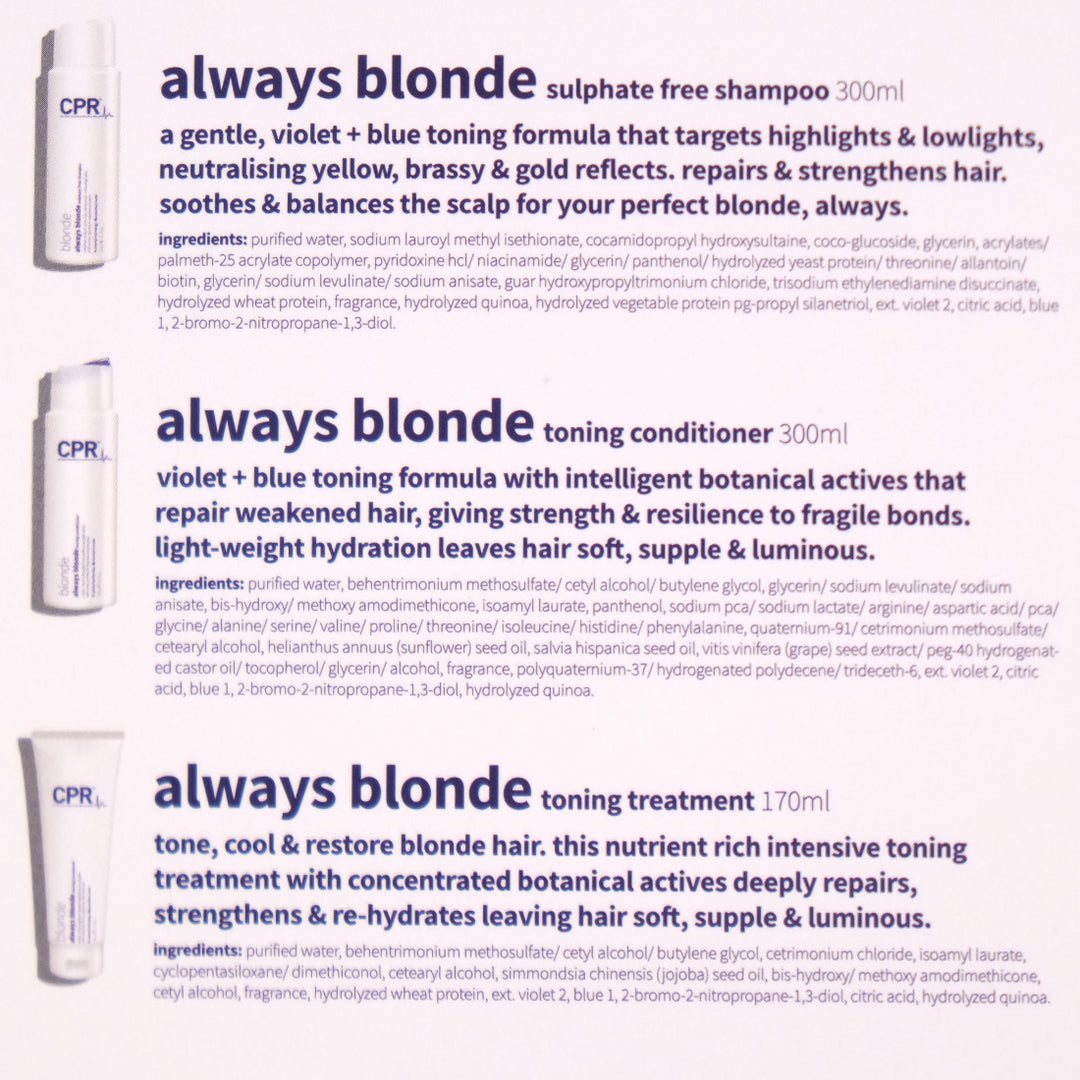 CPR Blonde Trio Pack is the perfect combo haircare to target both highlights and lowlights, neutralising yellow, brassy & gold reflects, for your perfect blonde hair.