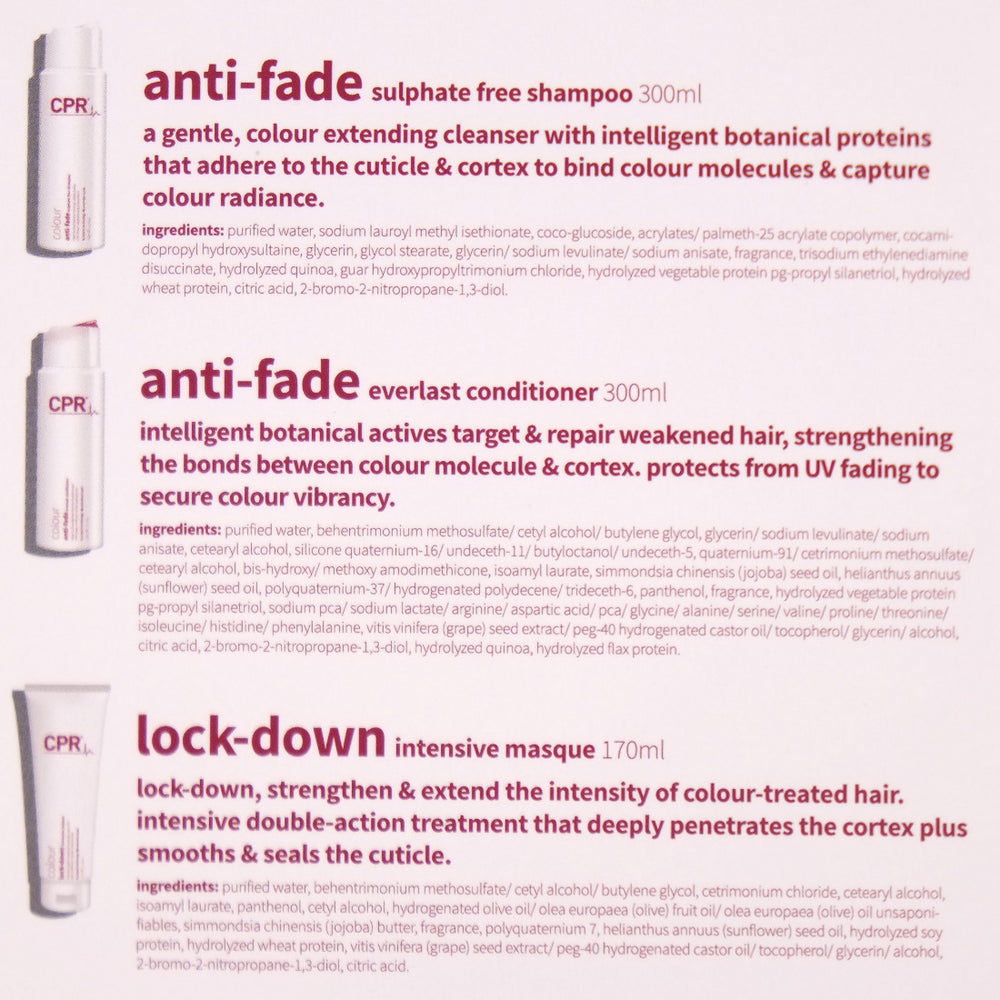 CPR Colour Anti-Fade Trio Pack secures colour molecules for longer by repairing, restructuring and refreshing the cortex, keeping hair radiant and luminous.