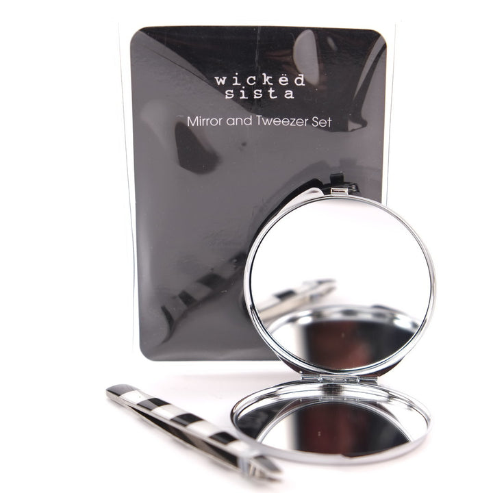 Wicked Sista Black& White Stripe Mirror & Tweezer Set