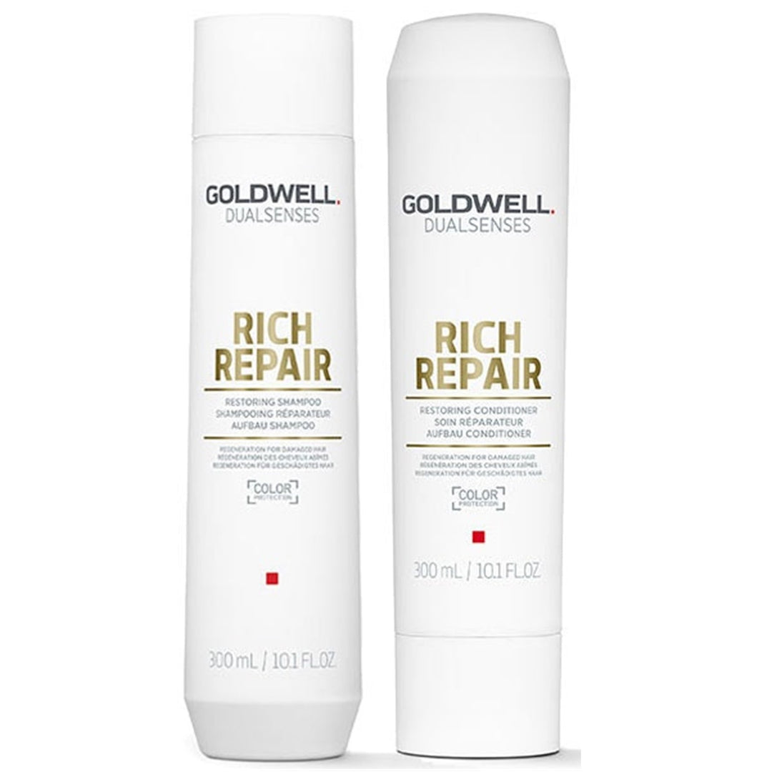 Goldwell Dualsenses Rich Repair hair pack, with one bottle labeled 'Rich Repair Shampoo' and the other 'Rich Repair Conditioner'. Both bottles are white with gold and black text, indicating the product is for restoring hair shine and reducing breakage.