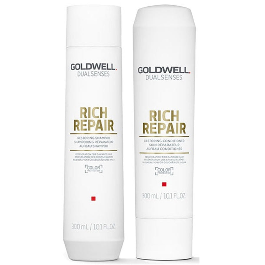 Goldwell Dualsenses Rich Repair hair pack, with one bottle labeled 'Rich Repair Shampoo' and the other 'Rich Repair Conditioner'. Both bottles are white with gold and black text, indicating the product is for restoring hair shine and reducing breakage.