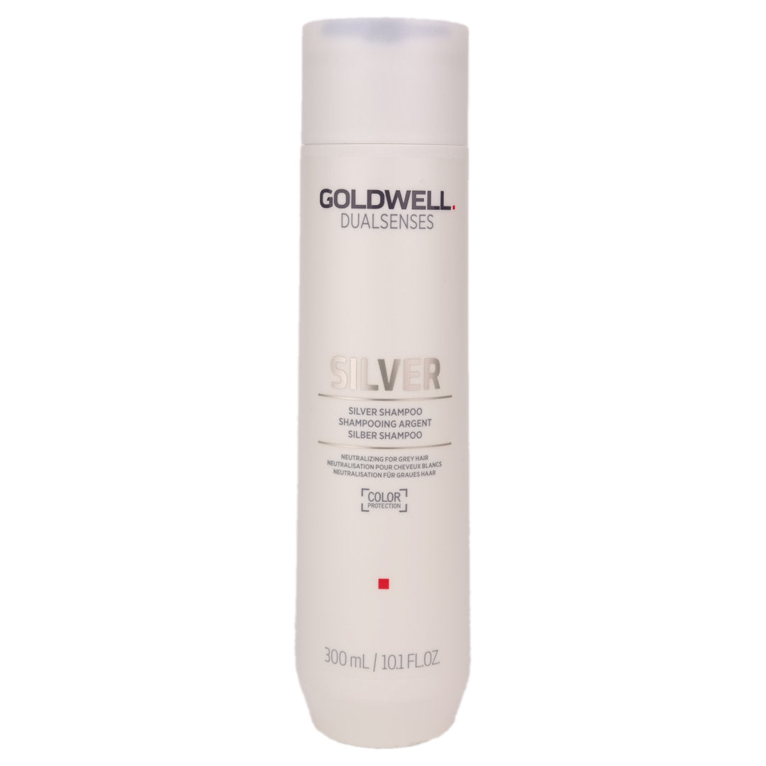 Goldwell Dualsenses Silver Shampoo for unwanted yellow tones in grey and cool blonde hair.