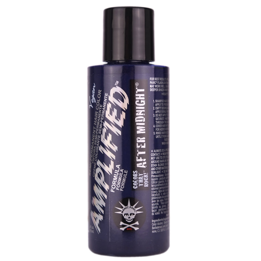 Manic Panic After Midnight Amplified Semi-Permanent Hair Colour is the deepest, darkest blue hair dye with green undertones.