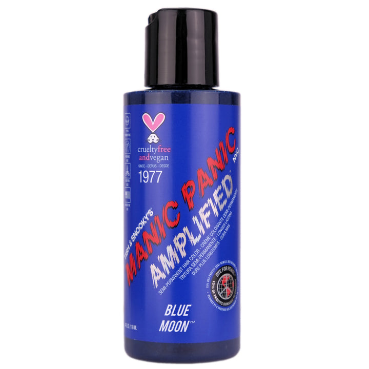 Manic Panic Blue Moon Amplified Semi-Permanent Hair Colour is a bright, neon, cool true blue hair dye. For the most vibrant results, we recommend lightening hair to a very light level 9 blonde or lighter, and toning hair that has yellow tones before use to avoid undesired hues.