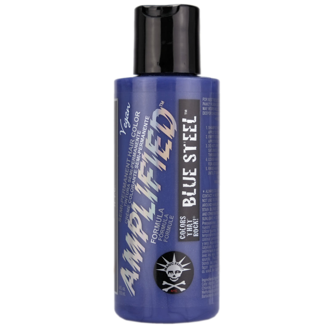 Manic Panic Blue Steel Amplified Semi-Permanent Hair Colour is a cool, silver hair dye with blue undertones. For best results, we recommend lightening hair to the lightest level 10 blonde and toning hair that has yellow tones before use to avoid undesired hues. Pastels/Greys/Toners contain less pigment than our vivid shades and will fade from your hair faster.