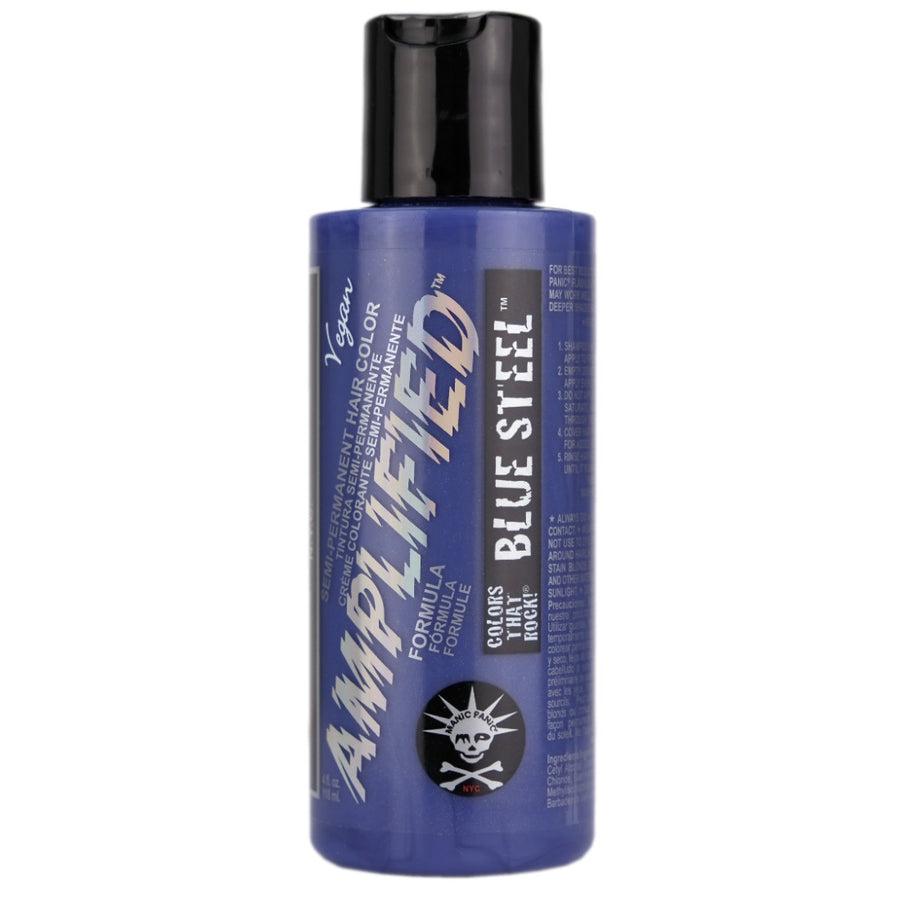 Manic Panic Blue Steel Amplified Semi-Permanent Hair Colour is a cool, silver hair dye with blue undertones. For best results, we recommend lightening hair to the lightest level 10 blonde and toning hair that has yellow tones before use to avoid undesired hues. Pastels/Greys/Toners contain less pigment than our vivid shades and will fade from your hair faster.