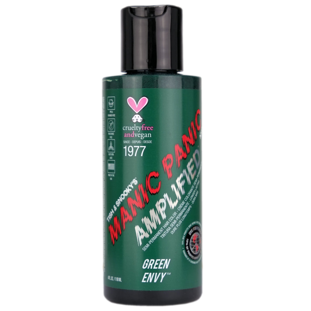 Manic Panic Green Envy Amplified Semi-Permanent Hair Colour is a deep emerald hair dye with a very slight blue tint. One of our most vibrant shades of green, this dye can add verdant highlights to virgin, unbleached hair, but we recommend using this shade over hair that's been lightened to a light level 8 blonde or lighter.