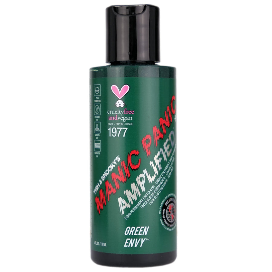 Manic Panic Green Envy Amplified Semi-Permanent Hair Colour is a deep emerald hair dye with a very slight blue tint. One of our most vibrant shades of green, this dye can add verdant highlights to virgin, unbleached hair, but we recommend using this shade over hair that's been lightened to a light level 8 blonde or lighter.