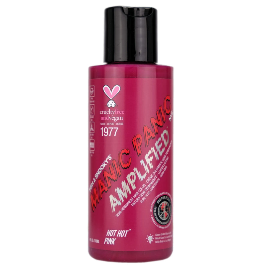 Manic Panic Hot Hot Pink Amplified Semi-Permanent Hair Dye is cool-toned medium neon pink hair dye that glows vibrantly under black light when dyed on the lightest level 10 blonde hair. For deeper pink hues, this can also be used on virgin, unbleached hair.