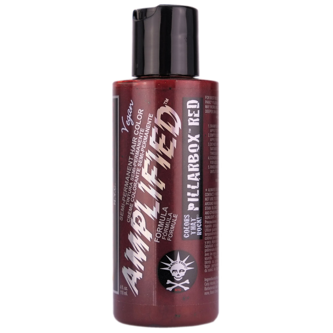Manic Panic Pillarbox Red Amplified Semi-Permanent Hair Colour is the signature true red hair dye. This “fire engine red” looks great on everyone and can leave brilliant red tones on virgin, unbleached hair! For best results, we recommend lightening hair to a light level 8 blonde before use.