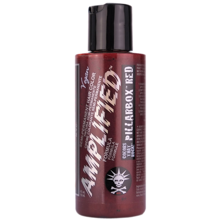 Manic Panic Pillarbox Red Amplified Semi-Permanent Hair Colour is the signature true red hair dye. This “fire engine red” looks great on everyone and can leave brilliant red tones on virgin, unbleached hair! For best results, we recommend lightening hair to a light level 8 blonde before use.