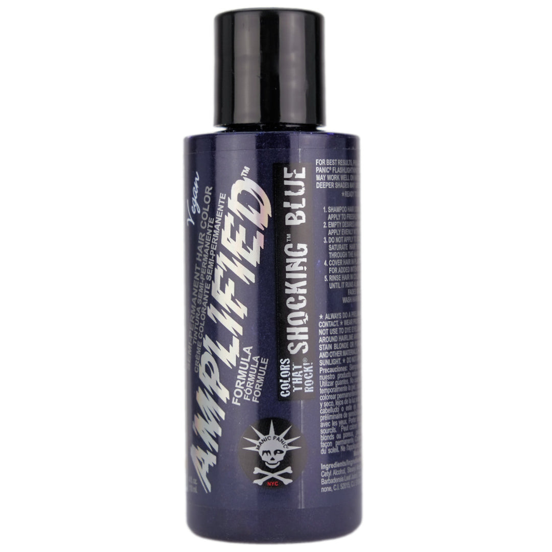 Manic Panic Shocking Blue Amplified Semi-Permanent Hair Colour is a dark cobalt blue hair dye. For best results, we recommend lightening hair to a very light cool-toned level 9 blonde or lighter.