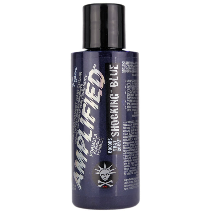 Manic Panic Shocking Blue Amplified Semi-Permanent Hair Colour is a dark cobalt blue hair dye. For best results, we recommend lightening hair to a very light cool-toned level 9 blonde or lighter.