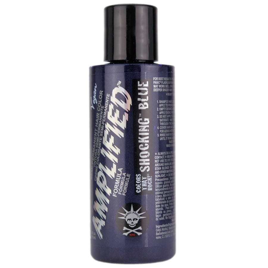 Manic Panic Shocking Blue Amplified Semi-Permanent Hair Colour is a dark cobalt blue hair dye. For best results, we recommend lightening hair to a very light cool-toned level 9 blonde or lighter.