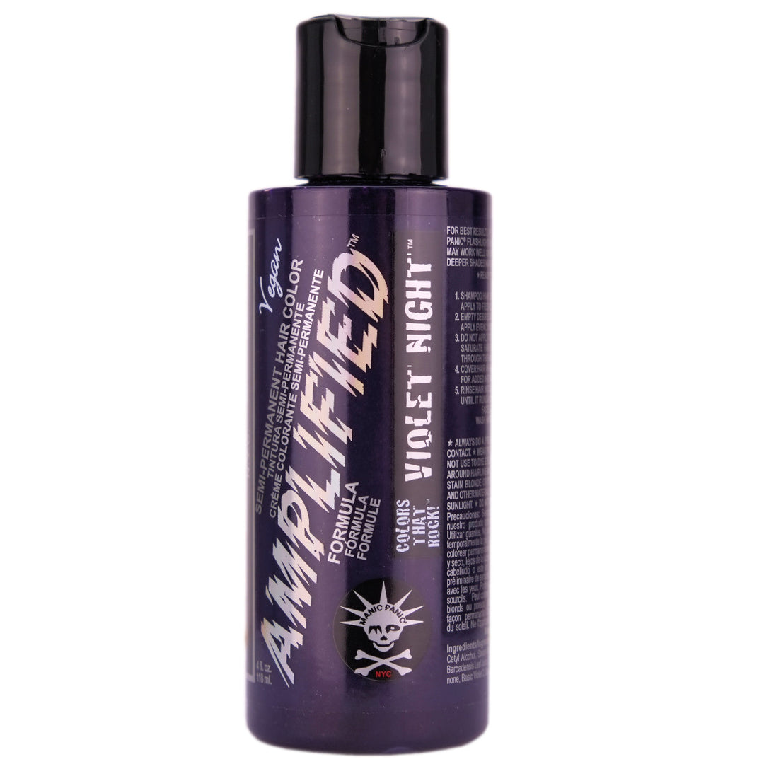Manic Panic Violet Night Amplified Semi-Permanent Hair Colour is the darkest cool purple hair dye in the Manic Panic range. This shade can even give virgin, unbleached hair deep violet tones but for best results we recommend lightening hair to a medium level 7 blonde or lighter before use.