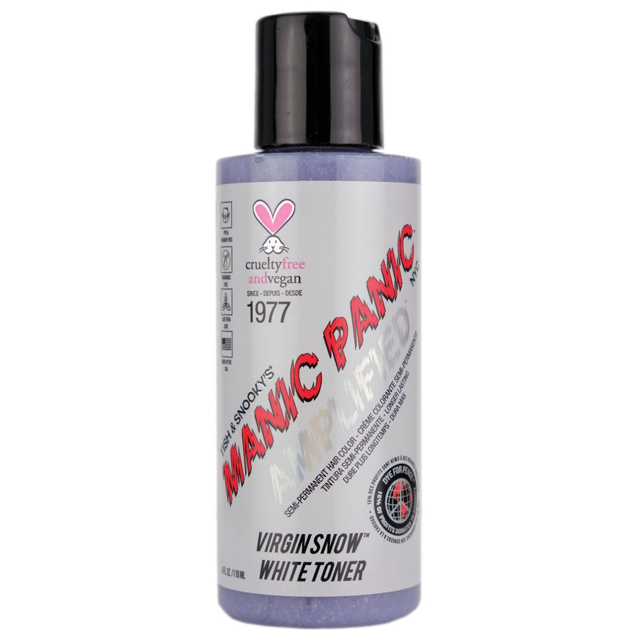 Manic Panic Virgin Snow White Toner Amplified is a blue-tinted toner designed to help eliminate brassy tones on the lightest level 10 blonde. Virgin Snow, like all our shades, doubles as a deep conditioning mask while dyeing your hair. Pastels/Greys/Toners contain less pigment than our vivid shades and will fade from your hair faster.