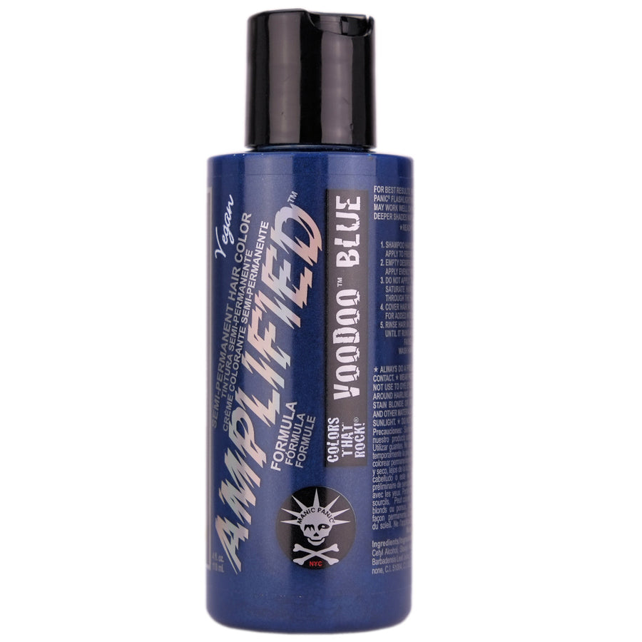 Manic Panic Voodoo Blue Amplified is a dark cyan hair dye with green-ish undertones. Voodoo Blue can give hints of teal to virgin, unbleached hair. For the most vibrant results, we recommend lightening hair to a very light level 9 blonde and toning hair to prevent unwanted tones.