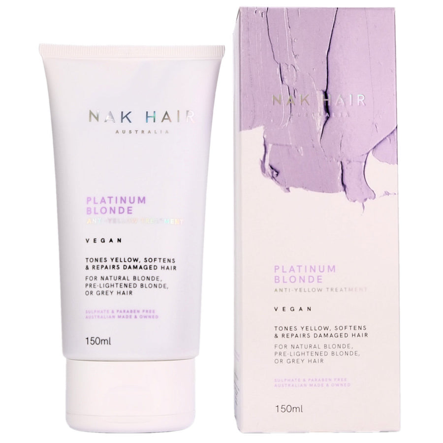 Nak Hair Platinum Blonde Anti-Yellow Treatment helps to tone yellow, detangle, soften and repair pre-lightened blonde or grey hair in 60 seconds.