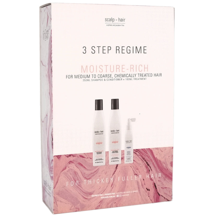 Nak Scalp to Hair Moisture-Rich Hair Kit is a 3 Step Regime to Nourish, invigorate and rejuvenate follicles to assist in the prevention of thinning hair. Ideal for Medium to Course, chemically-treated, thinning hair.