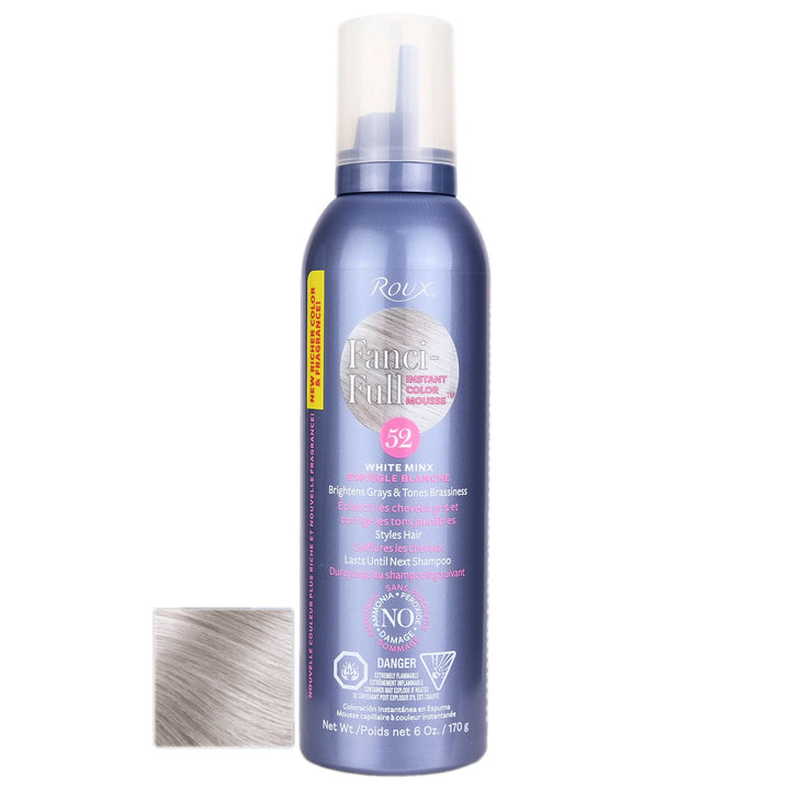 Roux Fanci-Full 52 White Minx Mousse helps to instantly brighten greys, tone brassiness, condition and style in one easy step.